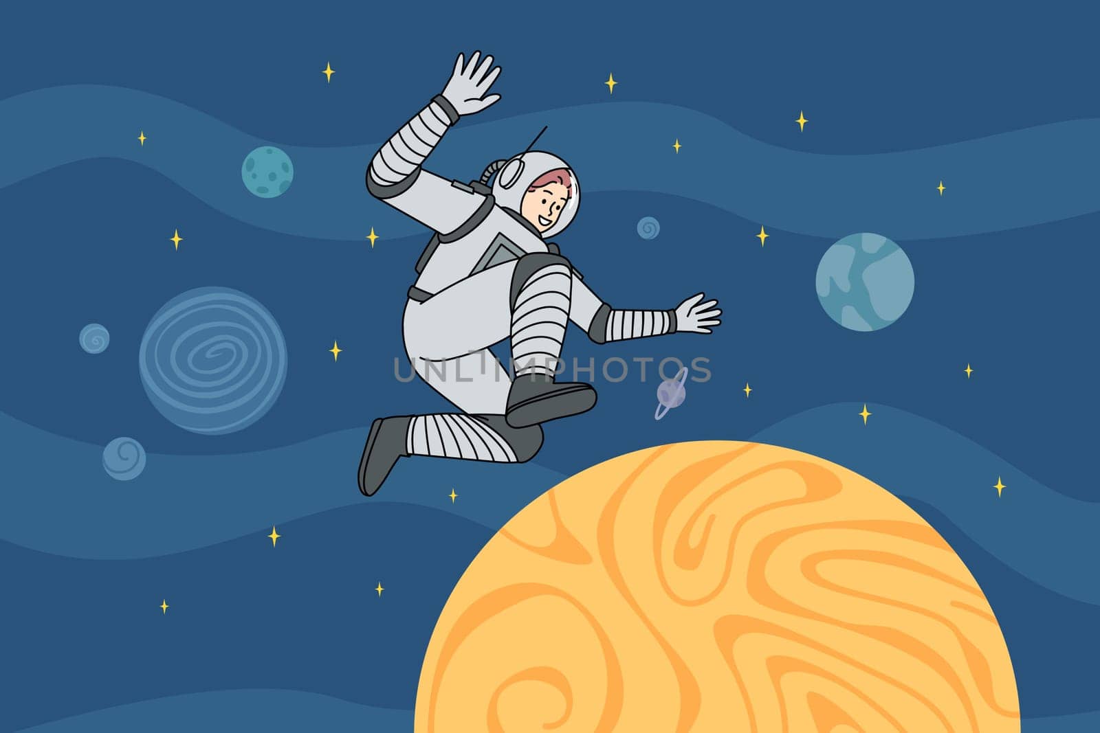 Astronaut walking in open universe. Cosmonaut in spacesuit among planets in cosmos. Spacewalking concept. Vector illustration.