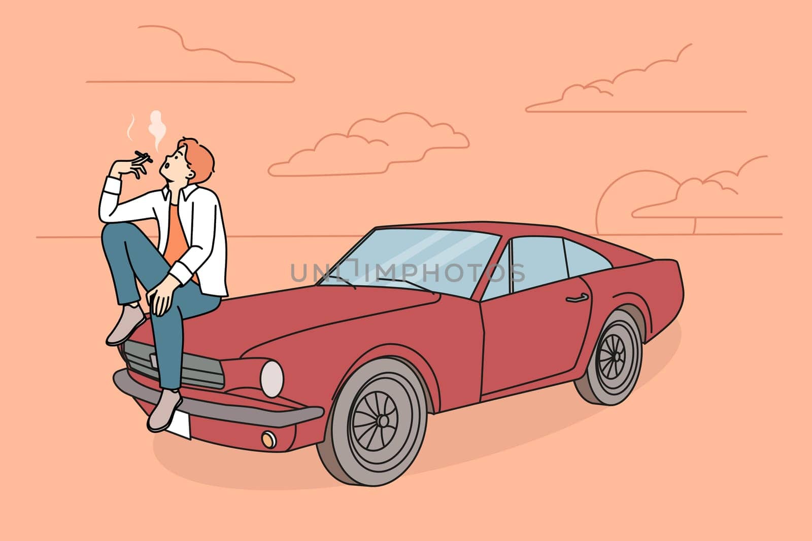 Cool young man sitting on retro car smoking. Guy relaxing near vintage automobile with cigarette. Vector illustration.