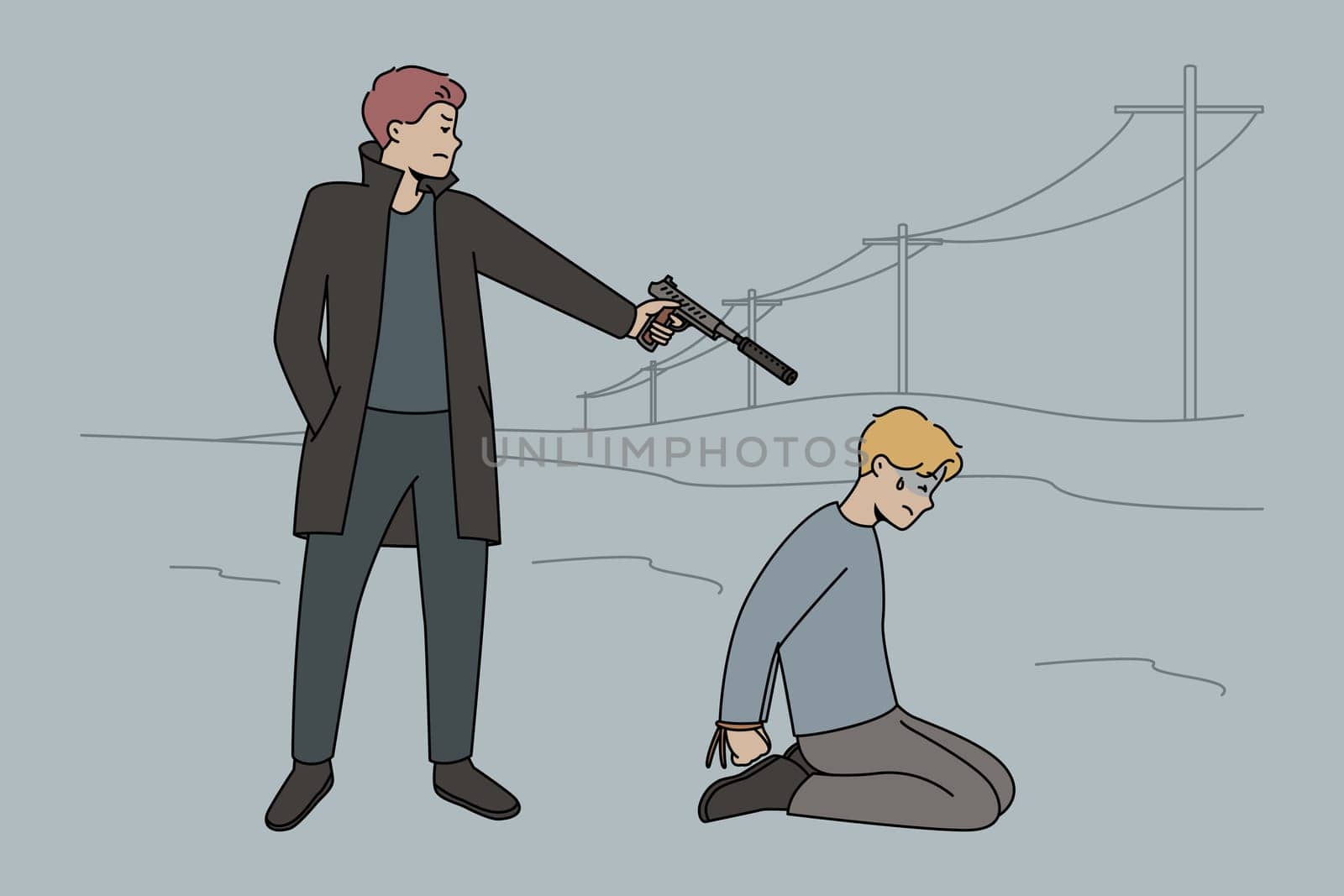 Killer holding gun in hands make control headshot in victim head. Gangster threaten man with hands tied. Crime and revenge concept. Vector illustration.