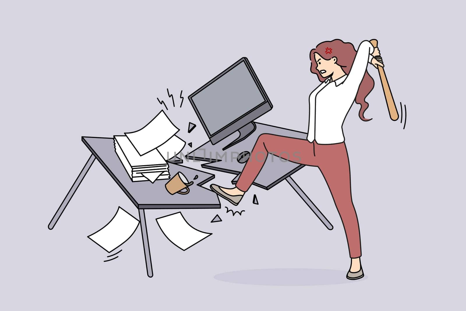 Angry woman employee crash office table suffer from nervous breakdown at workplace. Furious businesswoman break furniture in cabinet having burnout. Vector illustration.