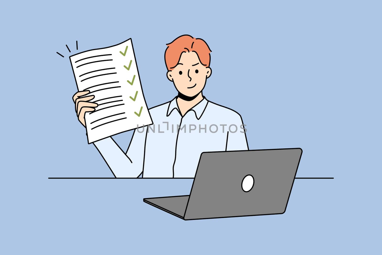 Happy man sitting at desk showing document with all tasks completed. Smiling businessman demonstrate filled form. Success and time management. Vector illustration.