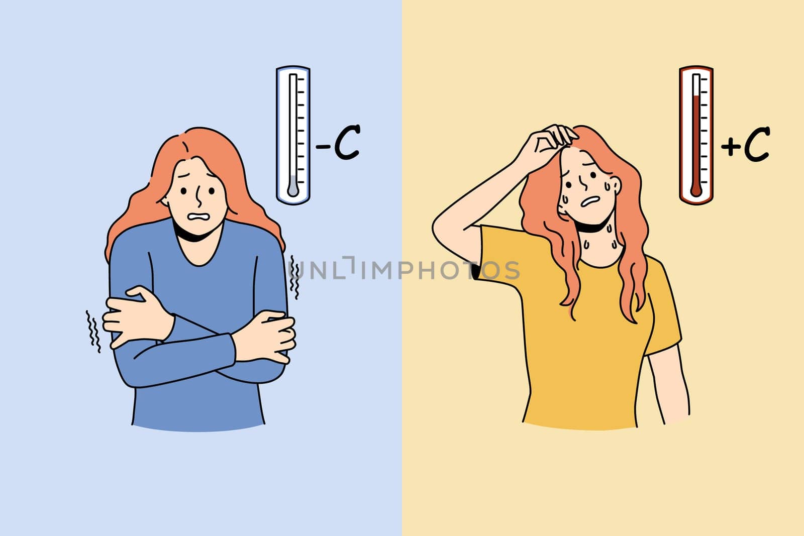 Young woman suffer from cold and hot weather. Unhappy unwell girl struggle with climate change. Winter and summer season problem. Vector illustration.