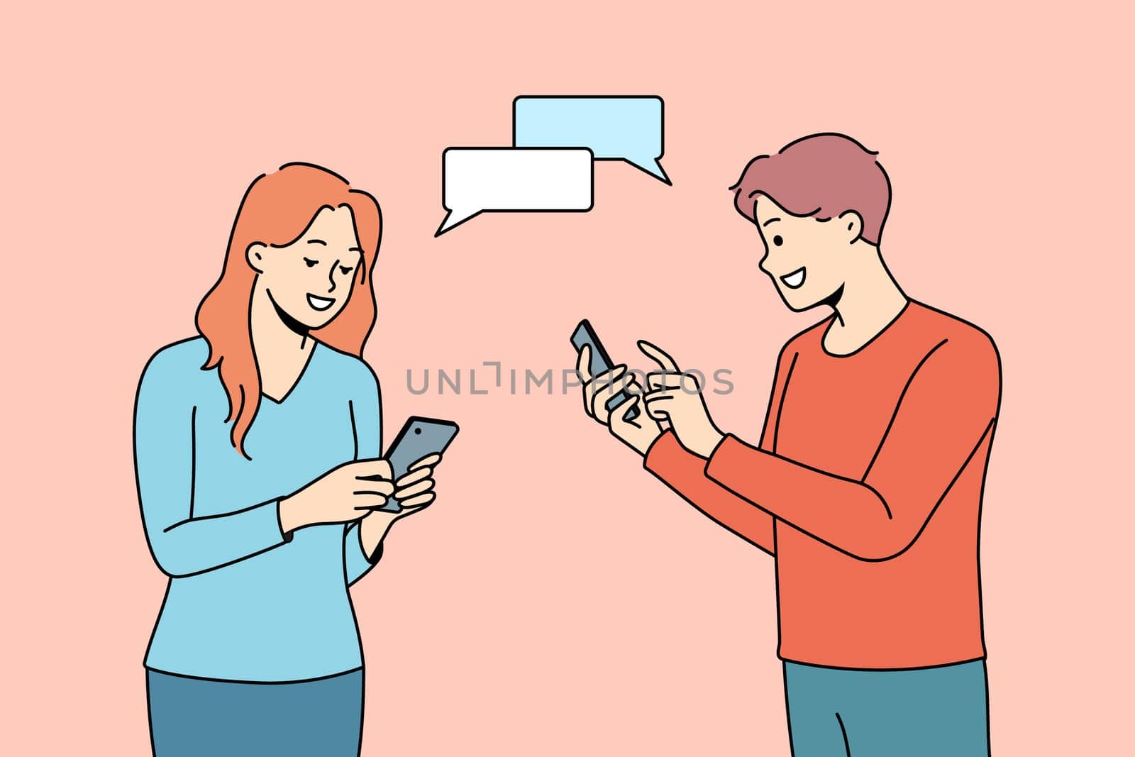 Happy man and woman chatting texting online on smartphones. Smiling couple dating on internet. Social media application concept. Vector illustration.