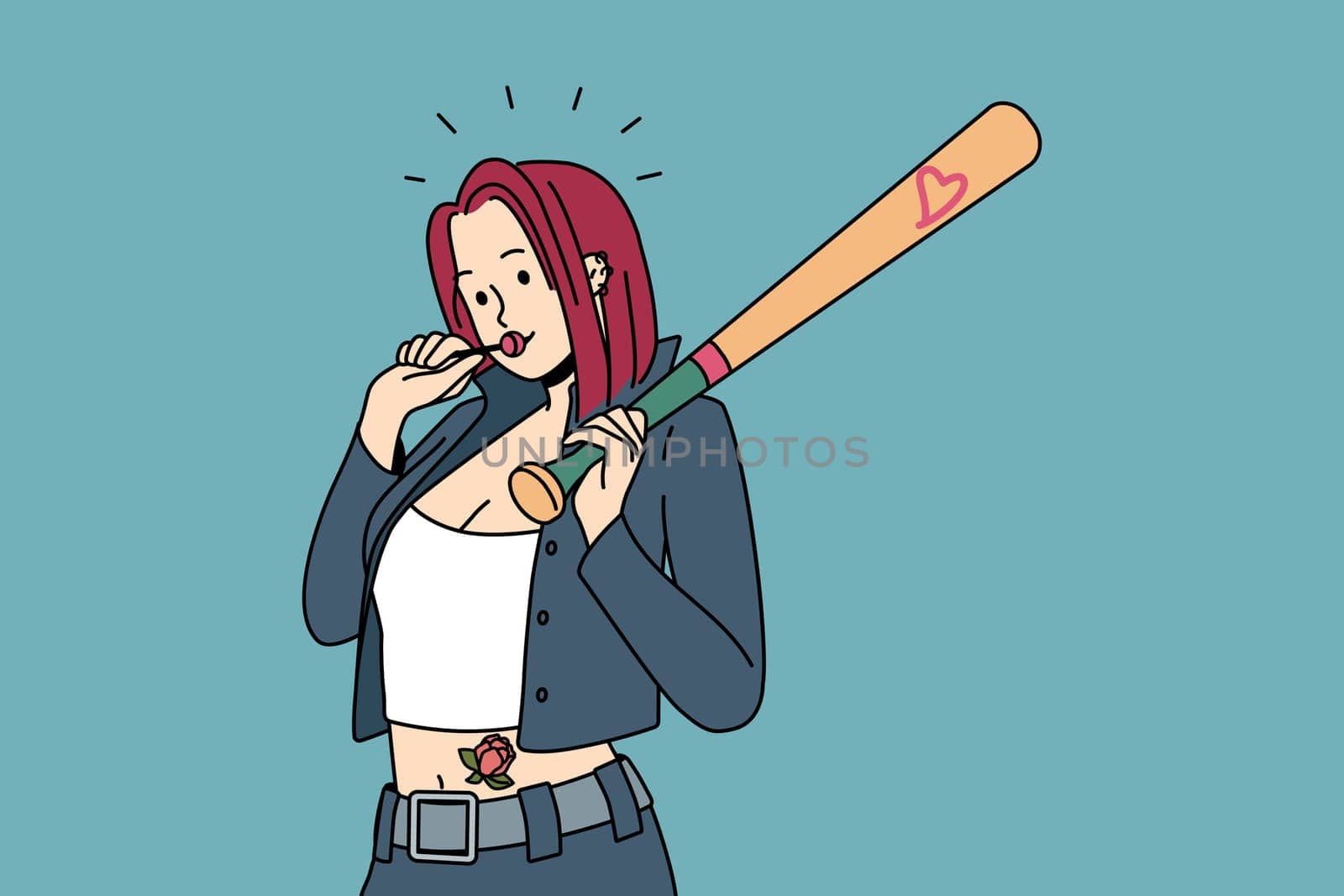 Bad girl in open clothes with tattoos on body licking lollipop. Stylish teen female from youth subculture. Vector illustration.