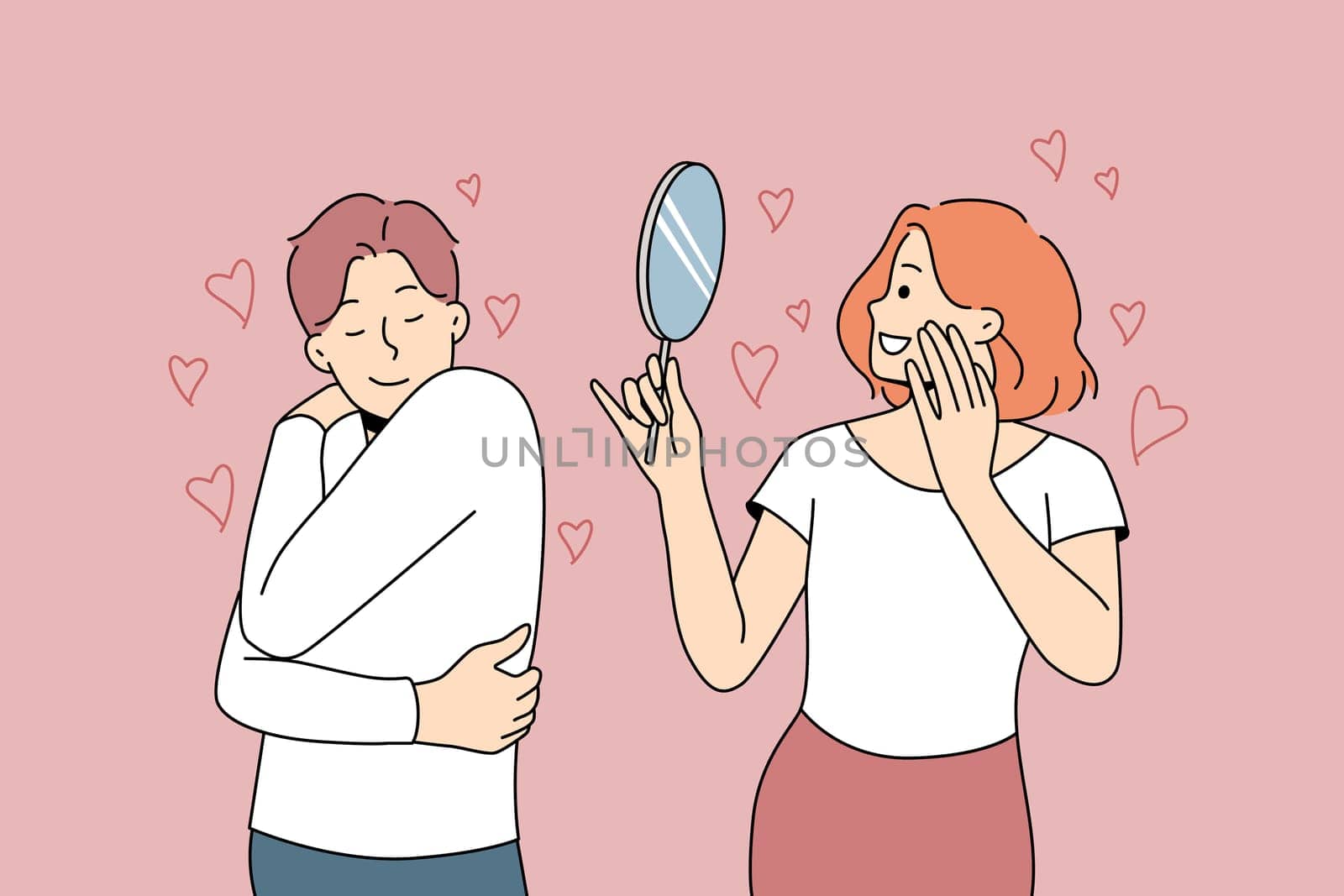 Happy people looking in mirror or hug themselves showing self-love and admiration. Man and woman loving inner beauty. Vector illustration.