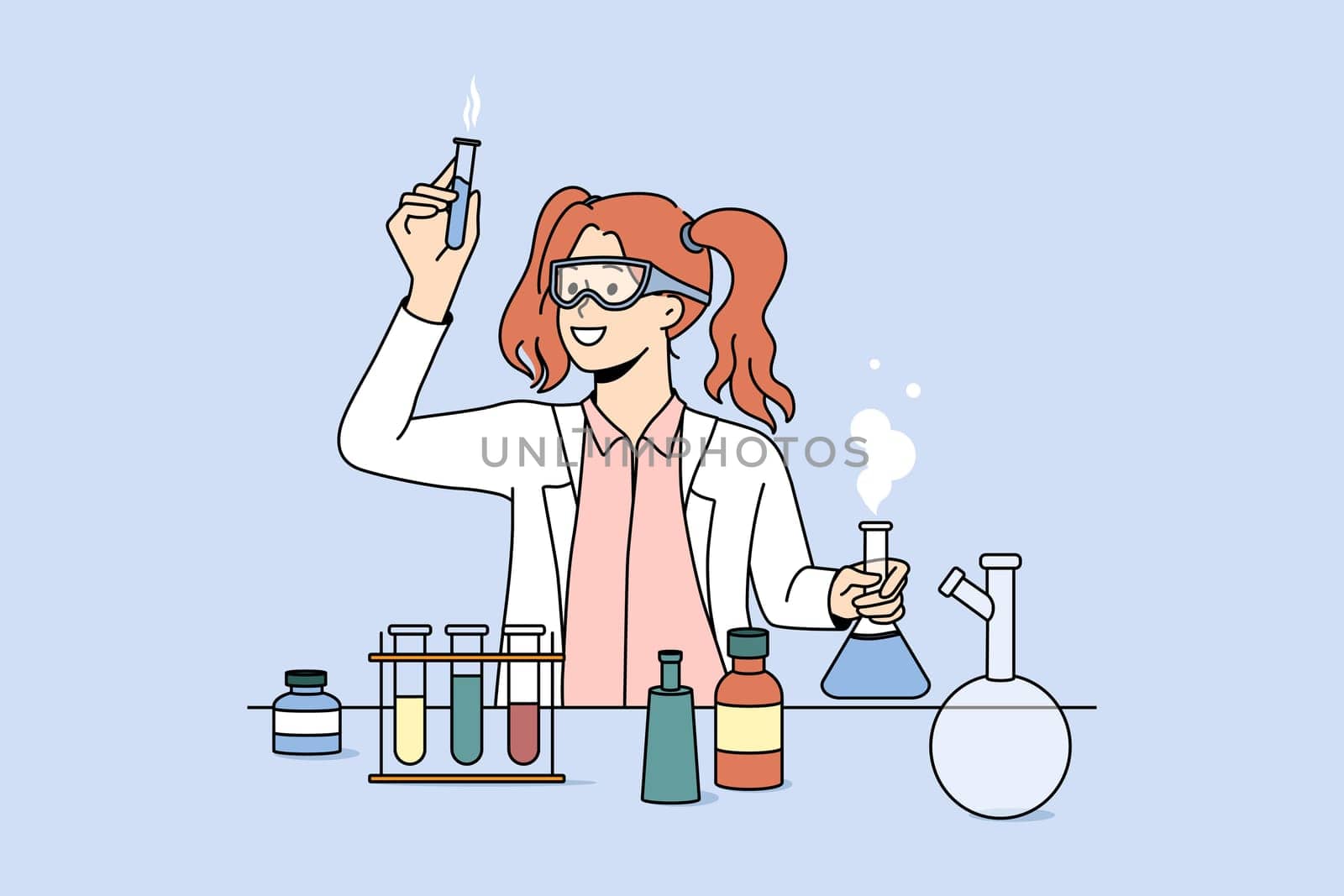 Female scientist working with tubes in laboratory. Professional researcher do experiments in lab. Science and chemistry. Vector illustration.