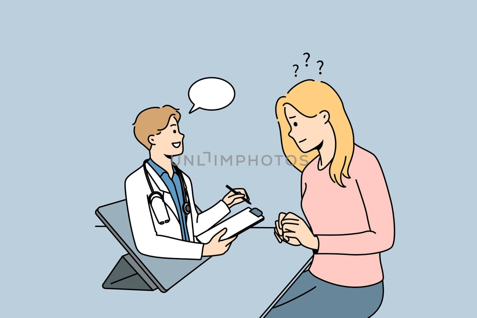 Woman having online consultation with doctor on gadget. Female patient talk with therapist or medical specialist on internet. Remote medicine. Vector illustration.