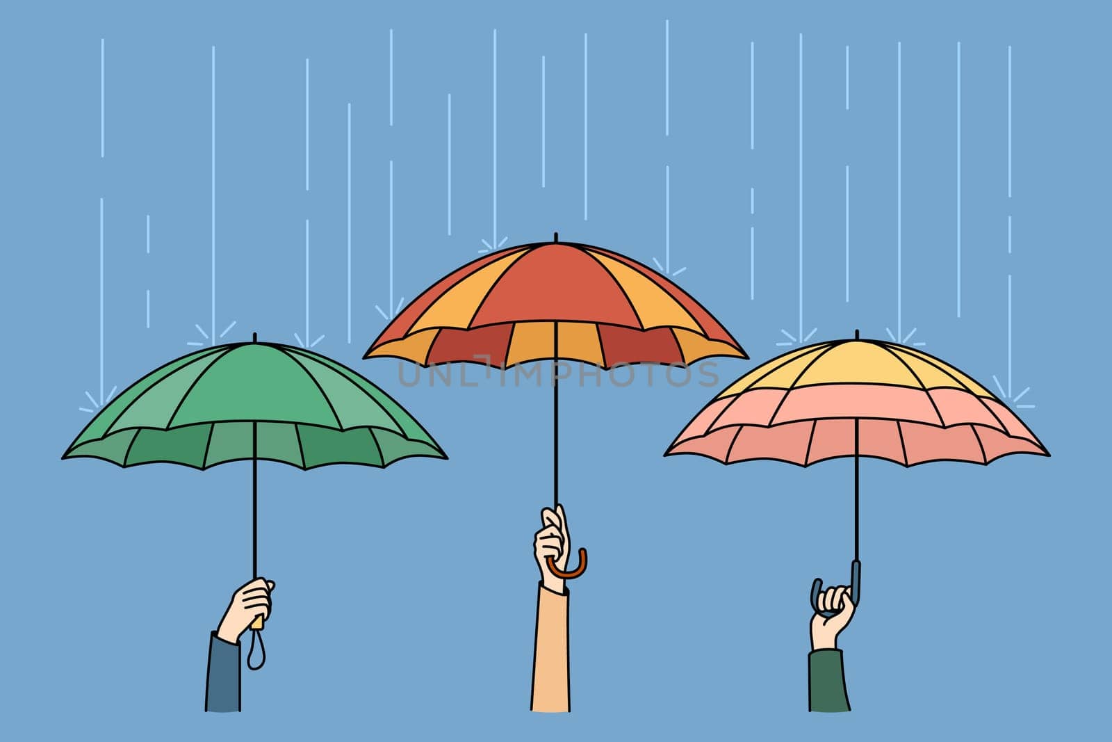 Hands holding colorful umbrellas hiding from rain in city. People outside on rainy weather. Storm and safety concept. Vector illustration.