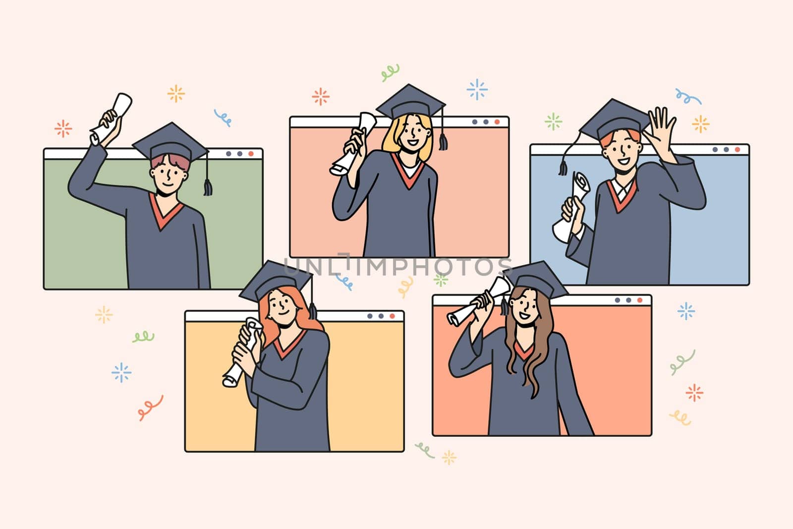 Happy students in mantles celebrate college graduation with online studying. Smiling graduates excited about university finish. Remote education concept. Vector illustration.