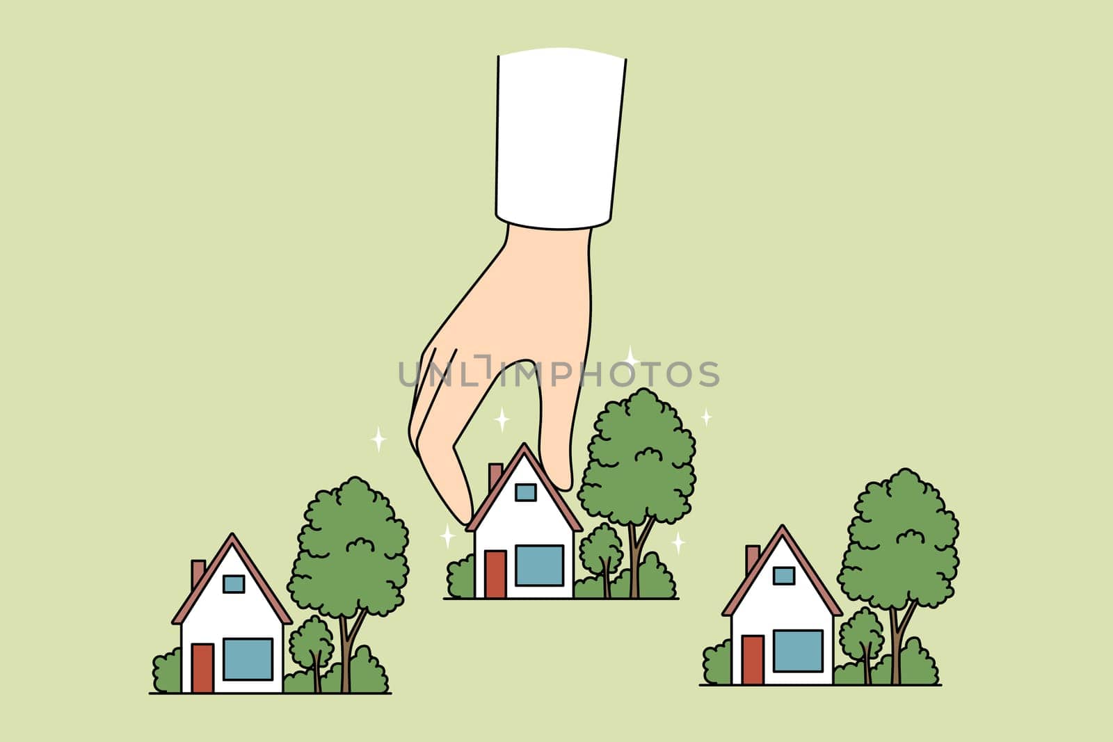 Real estate agent working with small house miniatures. Realtor or broker hand holding homes maquettes. Realty and rent concept. Vector illustration.