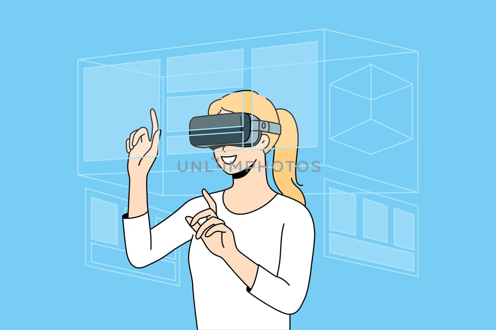 Happy woman in VR glasses explore surroundings. Smiling female client in virtual reality glasses have fun enjoy new modern technology. Vector illustration.