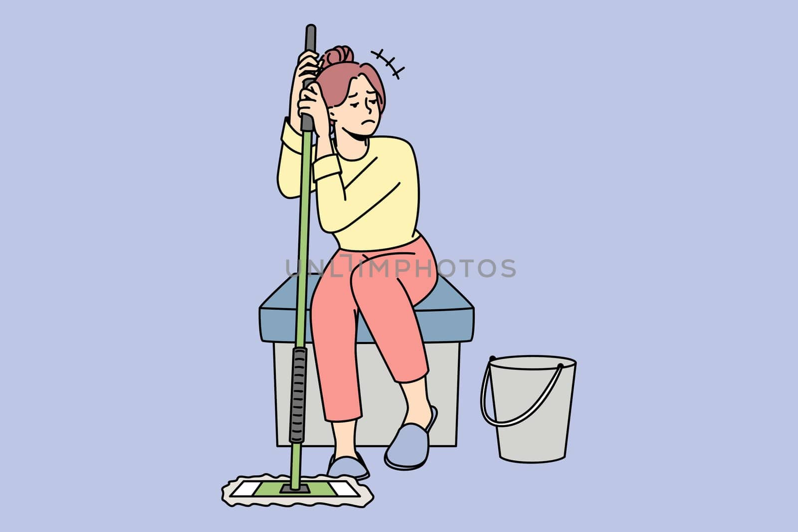 Unhappy housewife sitting with mop after cleaning feel distressed with home work. Upset woman housekeeper tired of housework. Chores at house. Vector illustration.