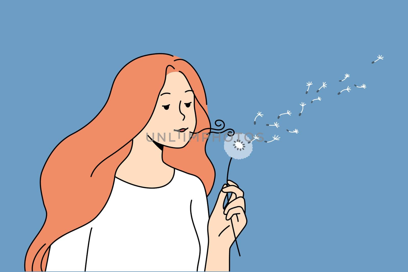 Young woman blowing dandelion enjoy summer in city. Happy girl hold flower relax in garden outside. Vector illustration.