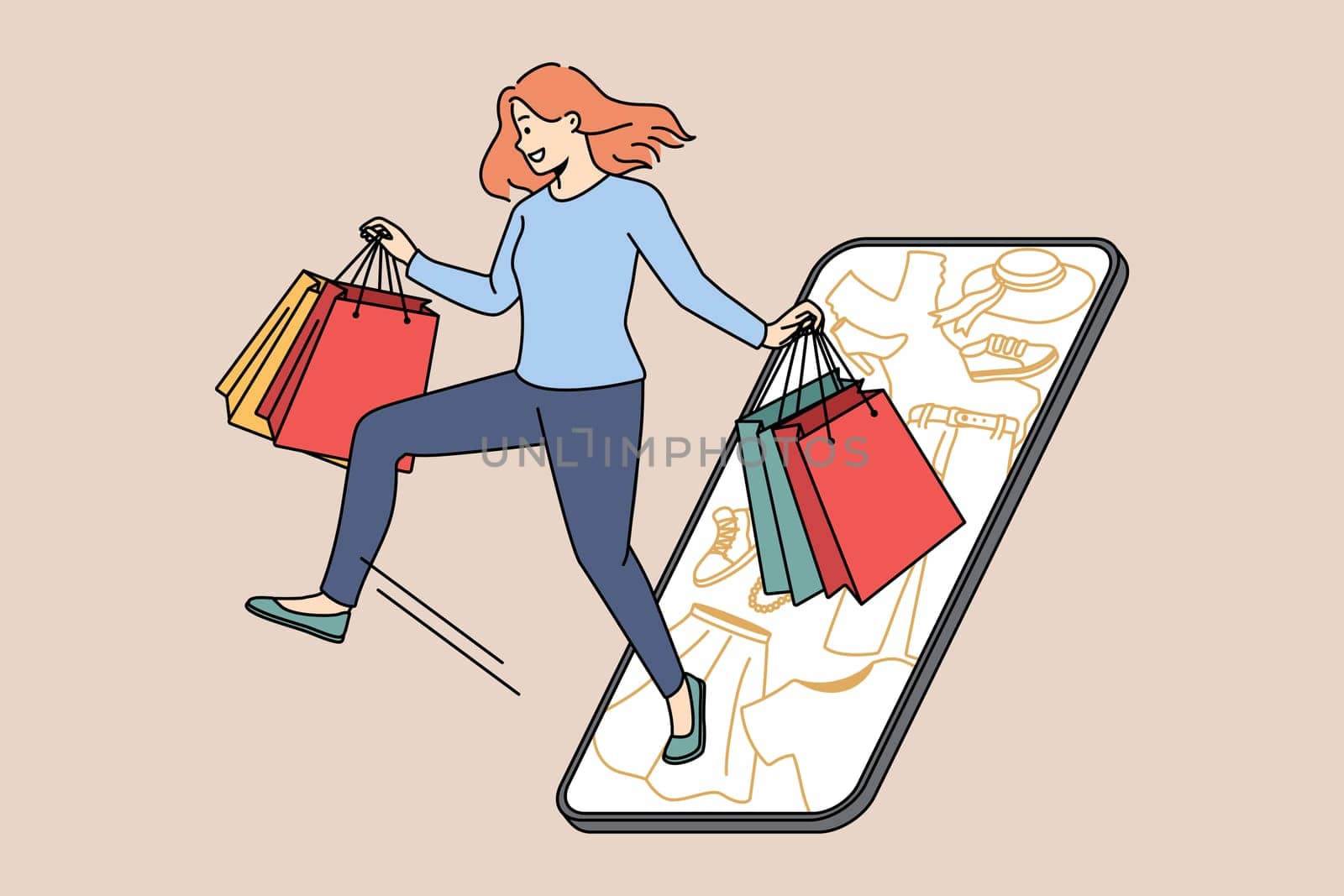 Excited young woman with bags shopping online on smartphone on seasonal sales. Smiling girl have fun buying on internet on cellphone. Consumerism. Vector illustration.