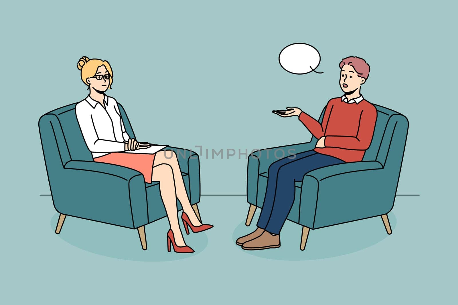 Man talking with female psychologist on session. Male patient sit in chair having psychotherapy session with counsellor. Mental health problem concept. Vector illustration.
