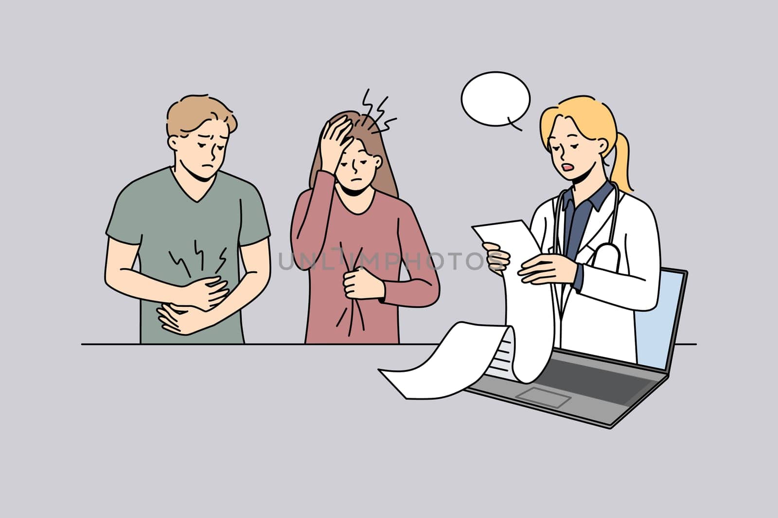 Frustrated patients confused with doctor long prescription recipe. Sick unhappy people with pain shocked with recipe from online therapist. Vector illustration.