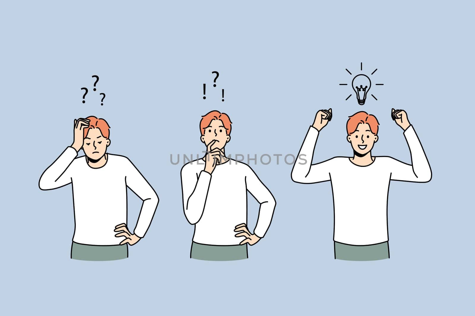 Man feeling confused thinking looking for problem solution. Process of brainstorming and idea generation. Innovation and problem solving. Vector illustration.