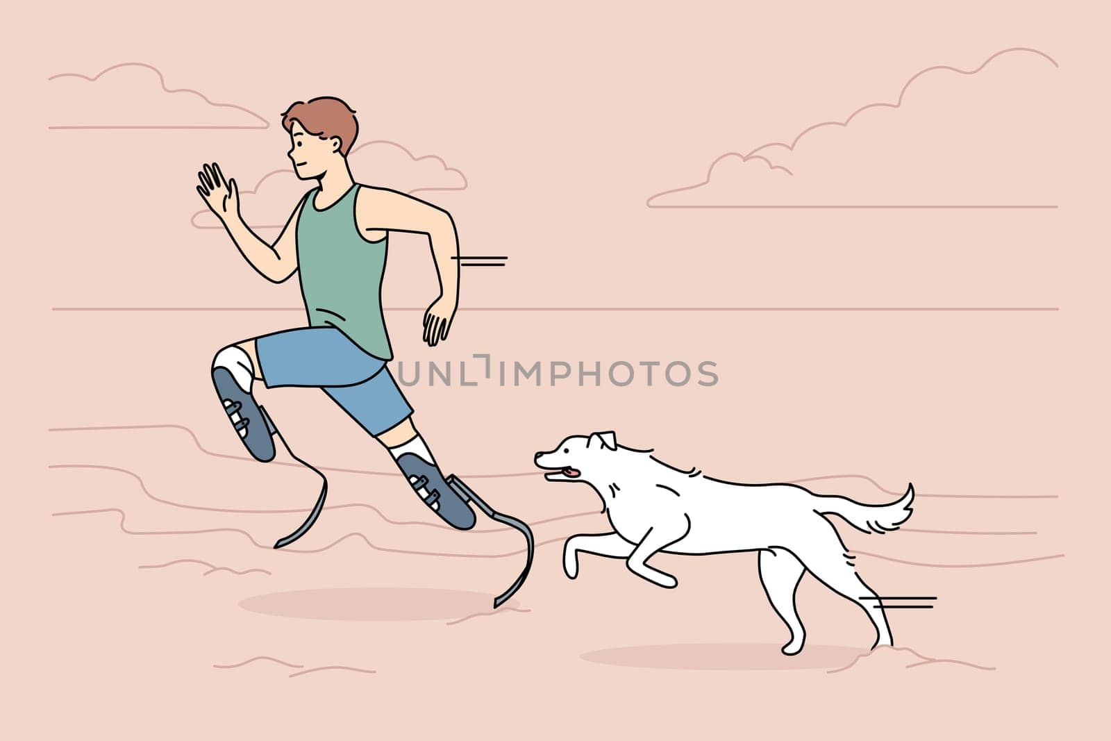 Athlete with prostheses running with dog on beach. Man with prosthetic legs training jogging with pet outdoors. Sport and disability. Vector illustration.