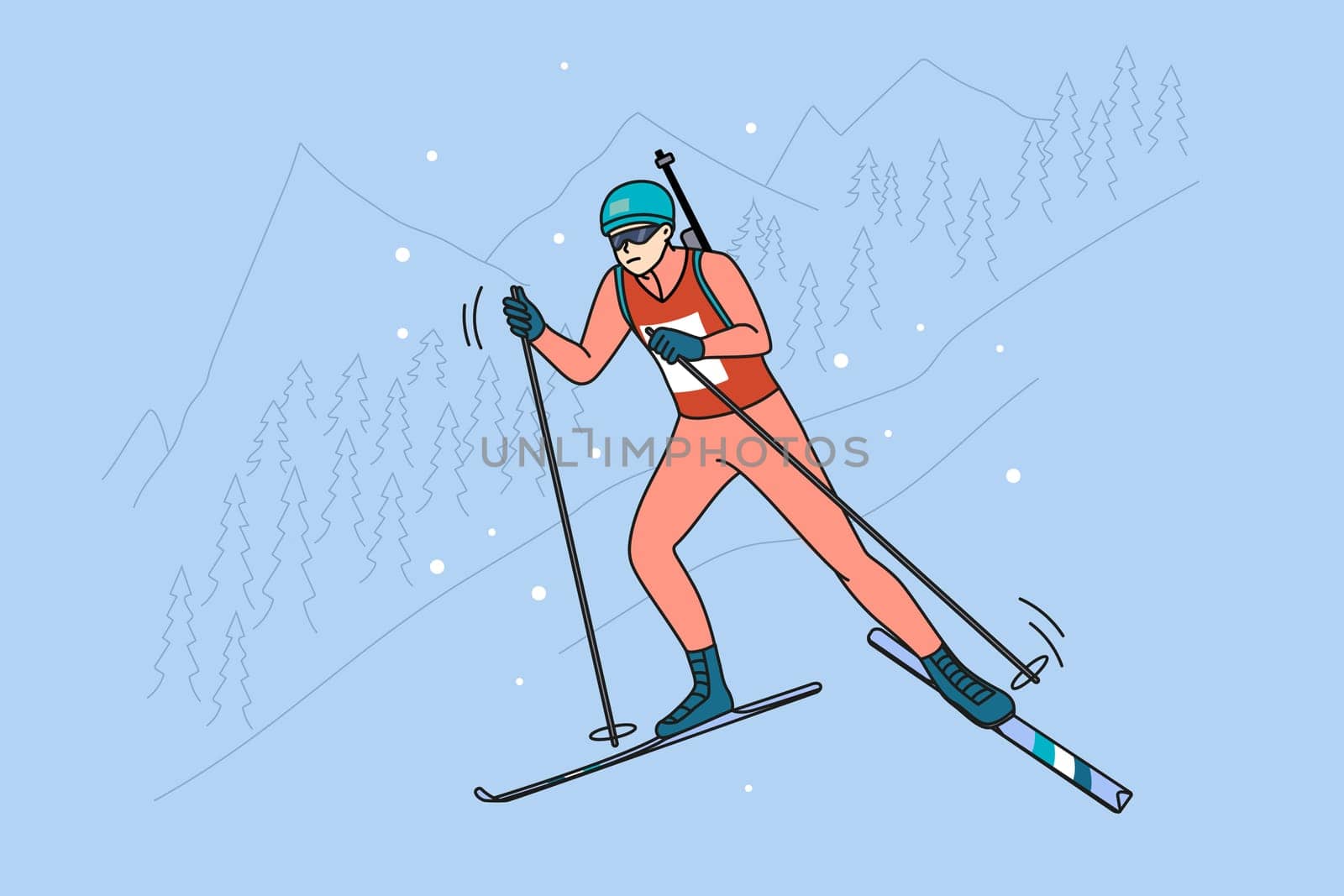 Man athlete in outerwear take part in biathlon competition in winter mountains. Sportsman ski participate in race. Sport and competition concept. Vector illustration.