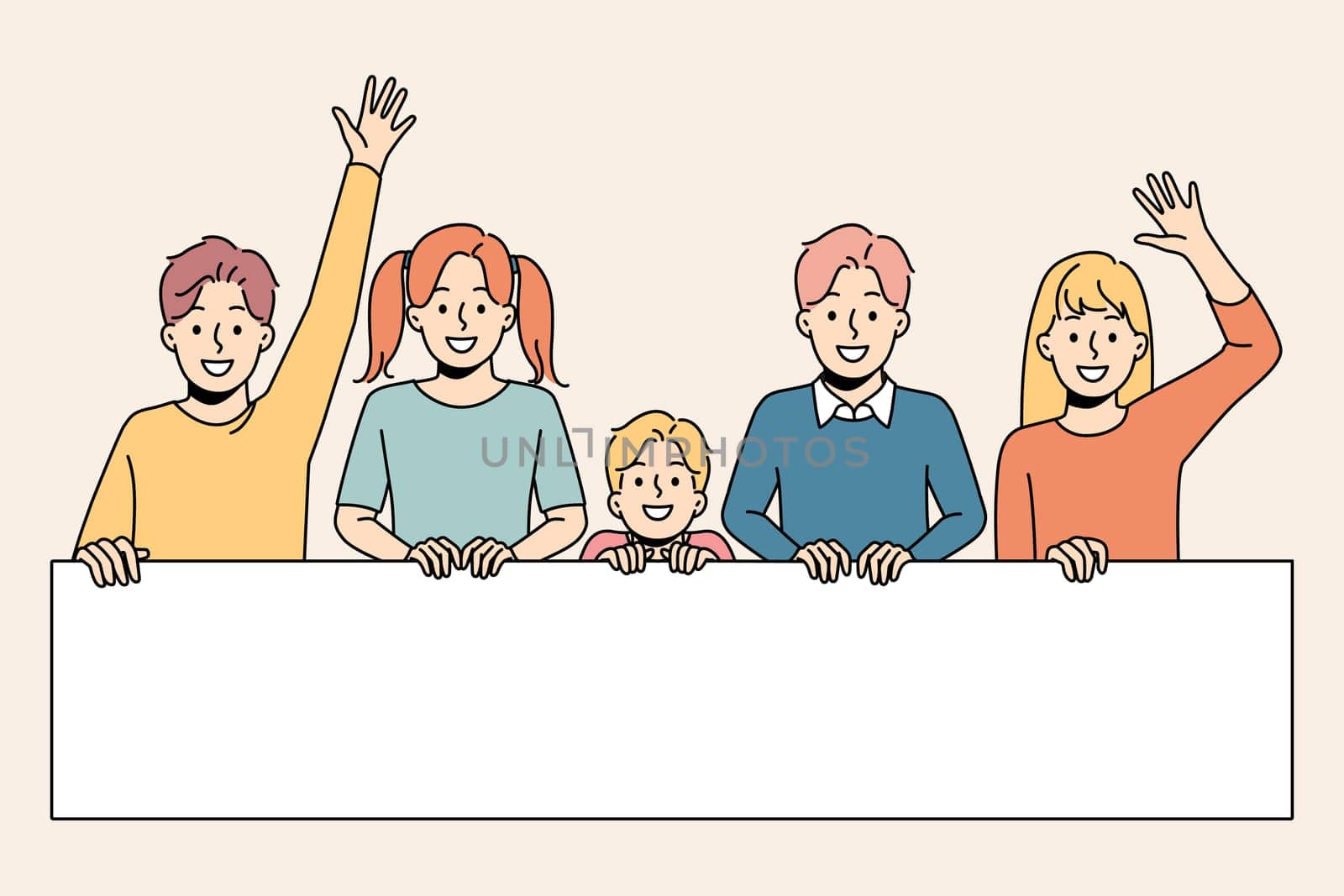 Happy children waving holding big paper banner on demonstration. Smiling kids have active social position go on march or protest. Activist and society. Vector illustration.