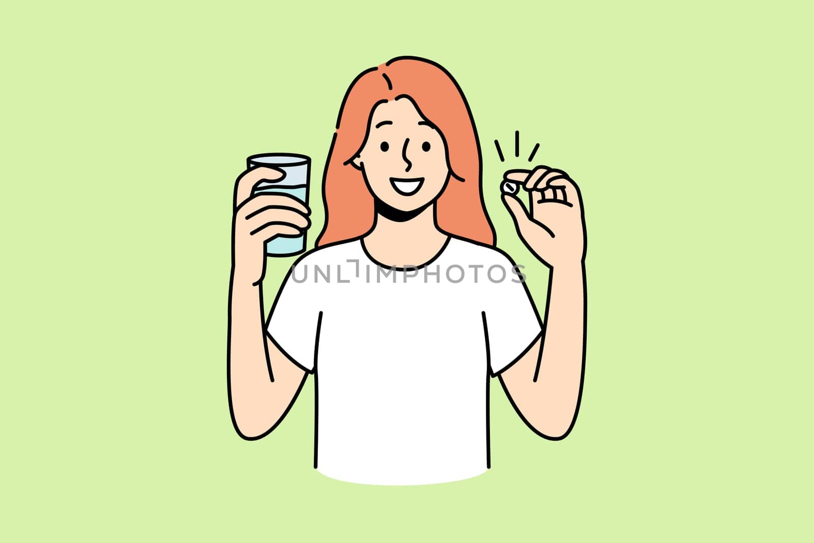 Happy young woman standing with glass of water take daily dose of vitamins. Happy girl take painkiller or antidepressant. Medication and drugs. Vector illustration.