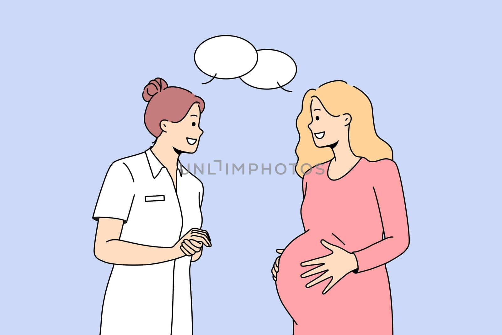 Gynecologist consult pregnant woman at hospital. Caring doctor or nurse talking with future mother. Pregnancy and maternity healthcare. Vector illustration.