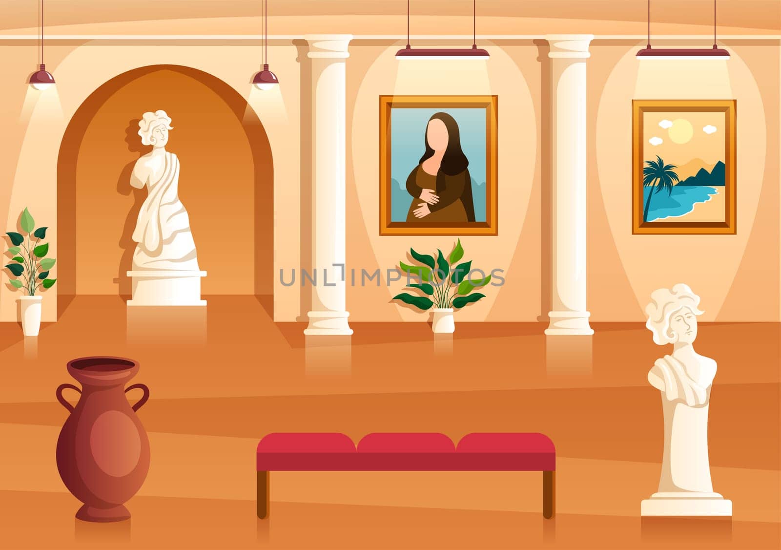 Art Gallery Museum Interior Cartoon Illustration Exhibition, Culture, Sculpture and Painting for Some People to See it in Flat Style Design