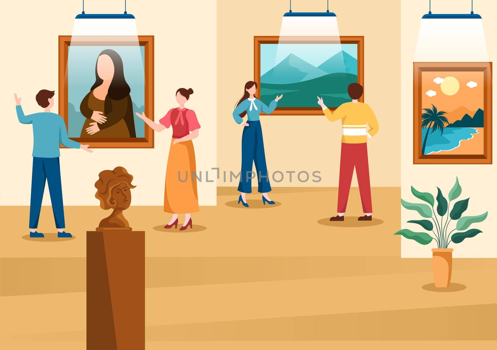 Art Gallery Museum Cartoon Illustration with Exhibition, Culture, Sculpture, Painting and Some People to See it in Flat Style Design
