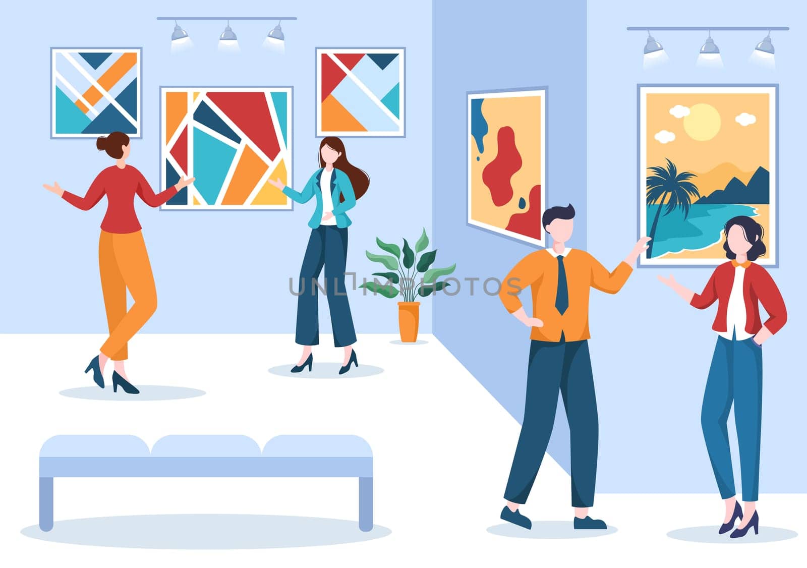 Art Gallery Museum Cartoon Illustration with Exhibition, Culture, Sculpture, Painting and Some People to See it in Flat Style Design