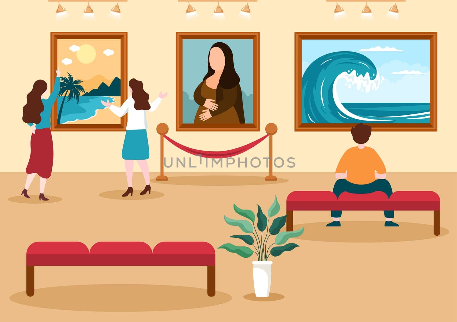 Art Gallery Museum Cartoon Illustration with Exhibition, Culture, Sculpture, Painting and Some People to See it in Flat Style Design