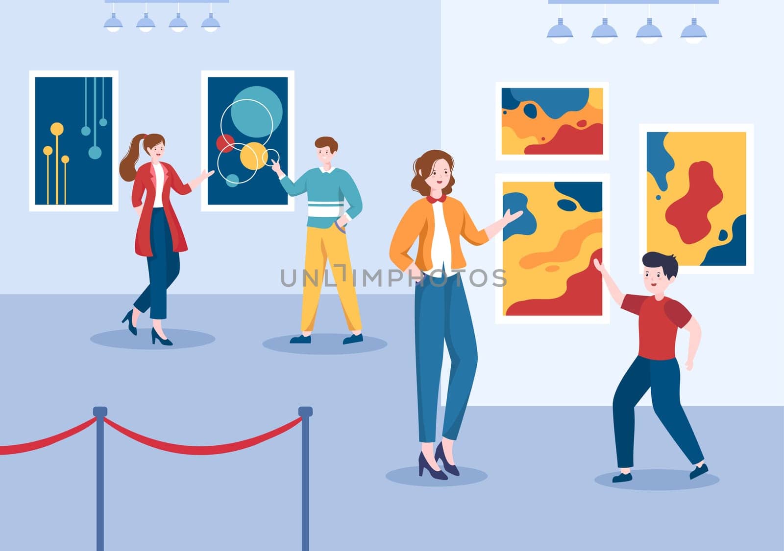 Art Gallery Museum Cartoon Illustration with Exhibition, Culture, Sculpture, Painting and Some People to See it in Flat Style Design