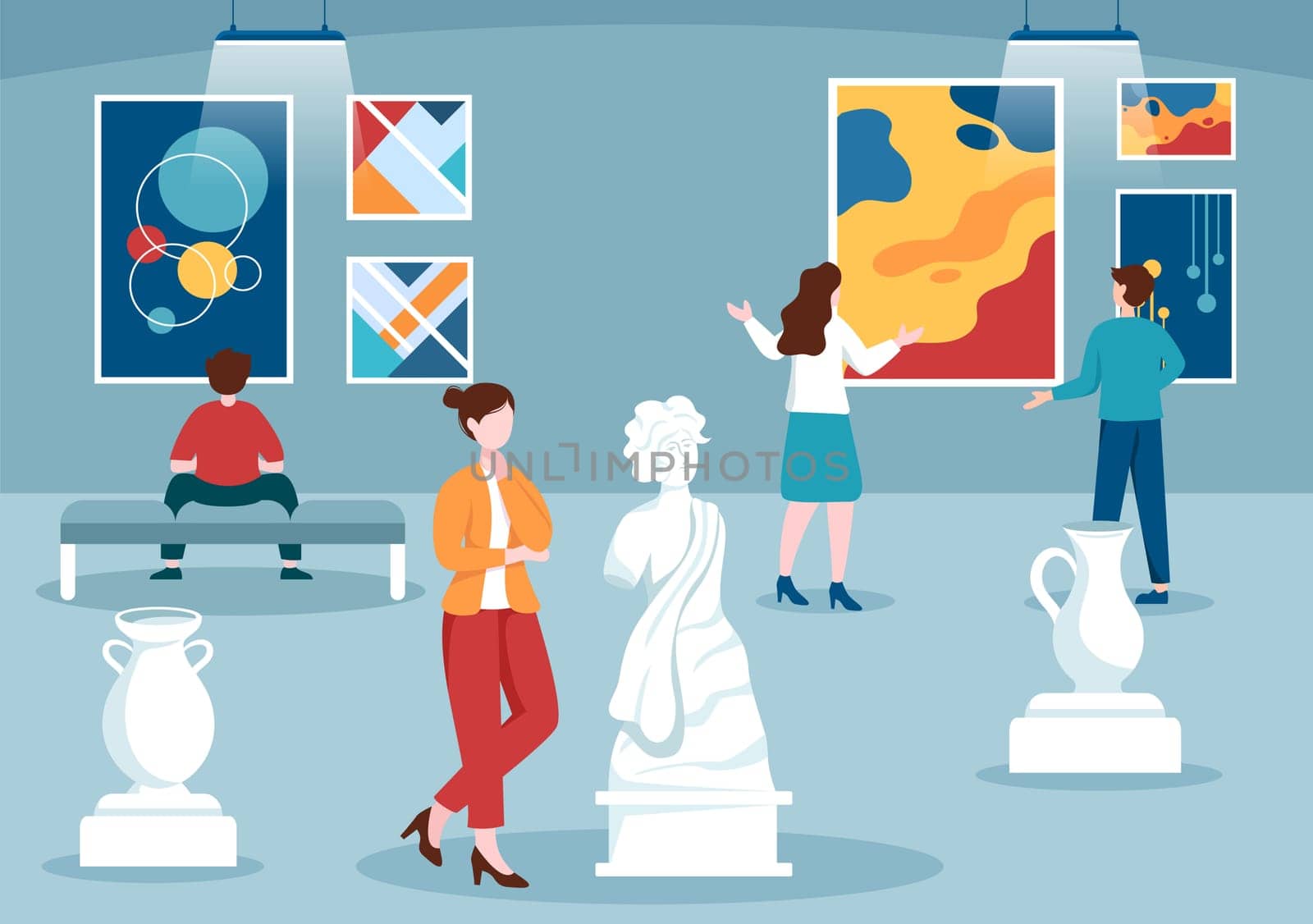 Art Gallery Museum Cartoon Illustration with Exhibition, Culture, Sculpture, Painting and Some People to See it in Flat Style Design