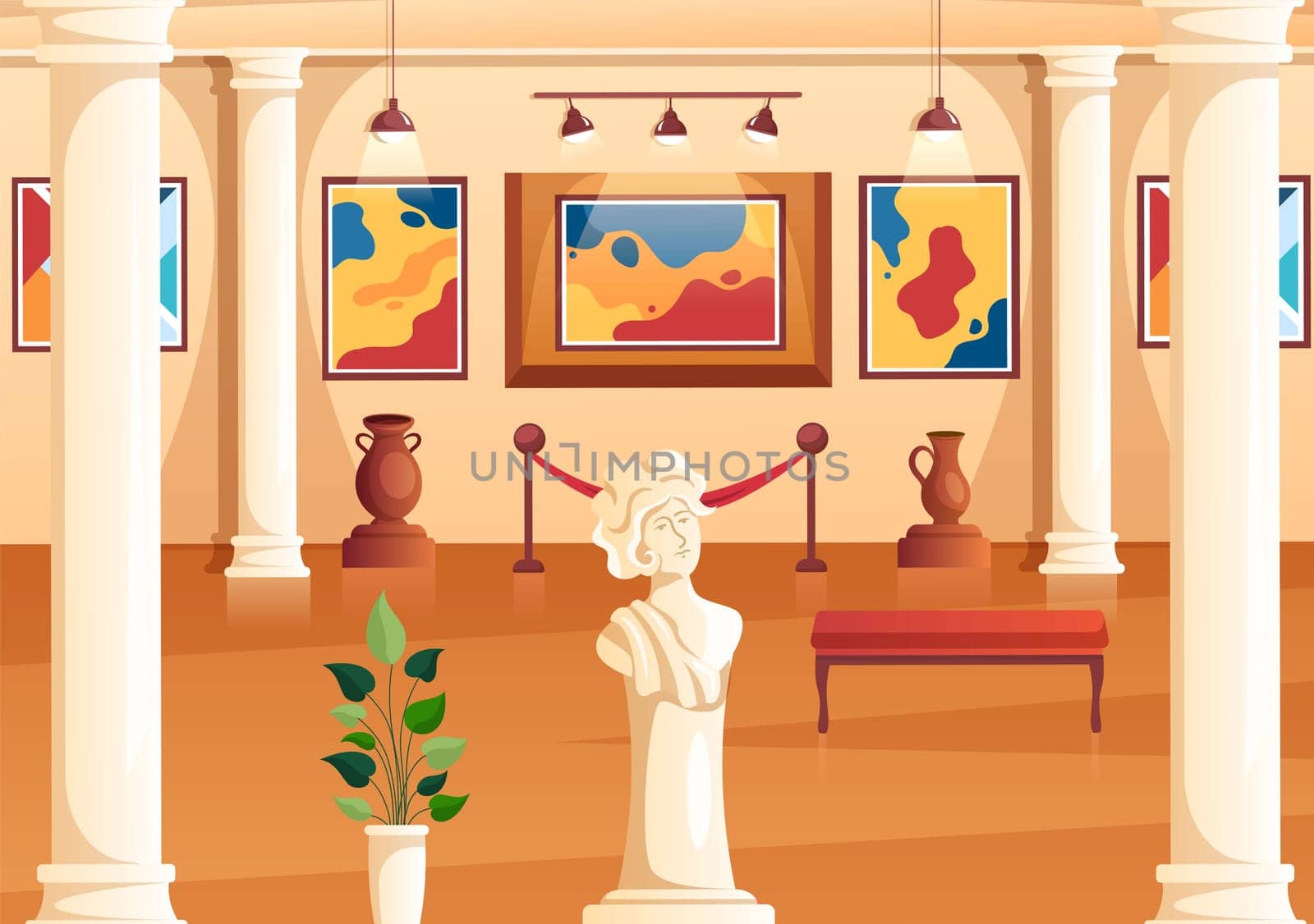 Art Gallery Museum Interior Cartoon Illustration Exhibition, Culture, Sculpture and Painting for Some People to See it in Flat Style Design
