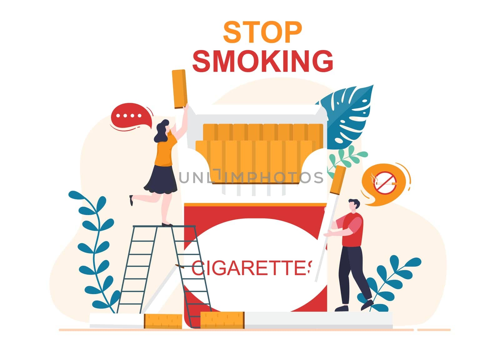Stop Smoking or No Cigarettes for Fight Against Unhealthy Smoker Habit, Medical and as an Early Warning in Flat Cartoon Illustration