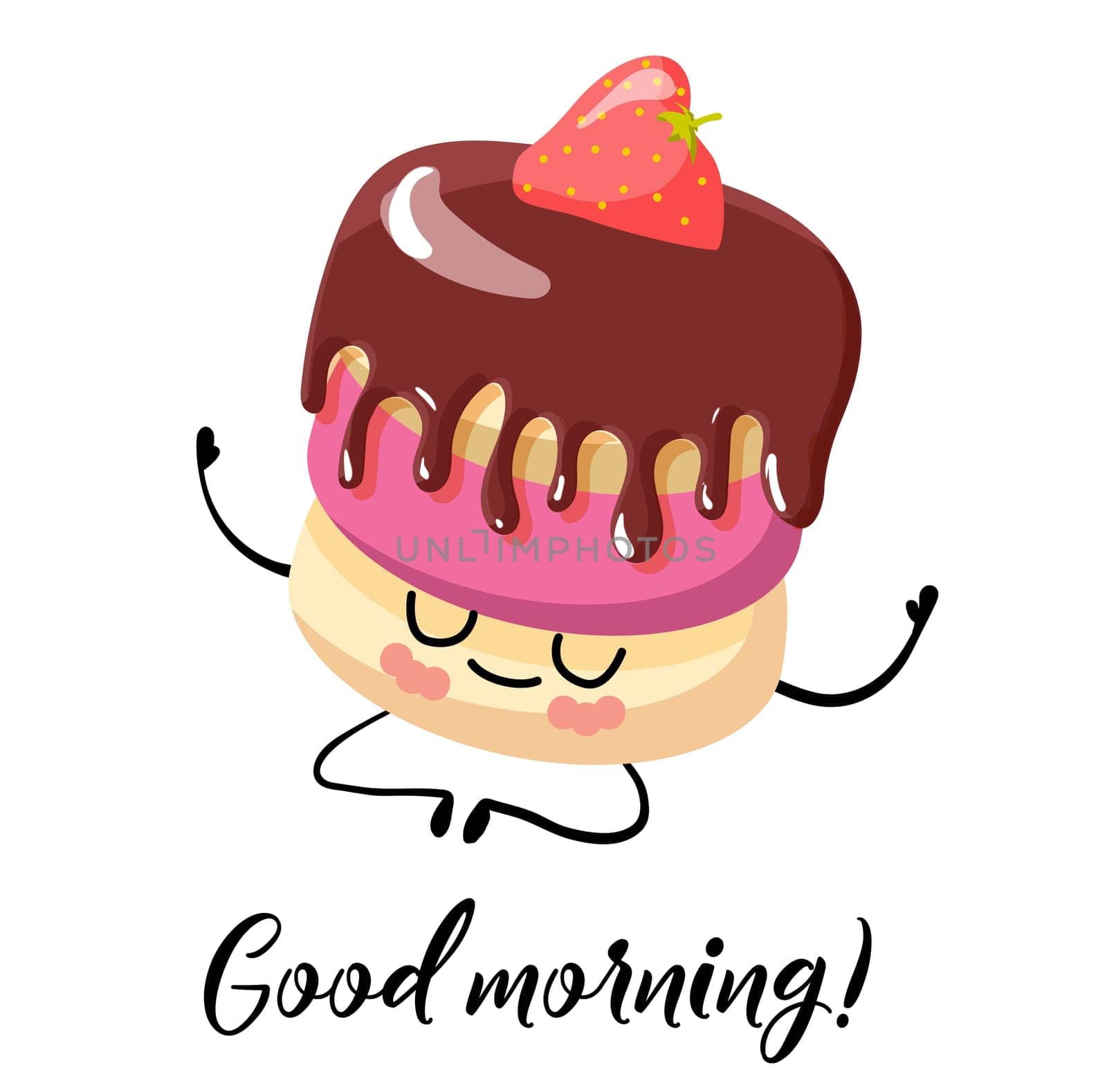 Good morning. Postcard. Cupcake with chocolate icing. Cute cartoon character on a white background.