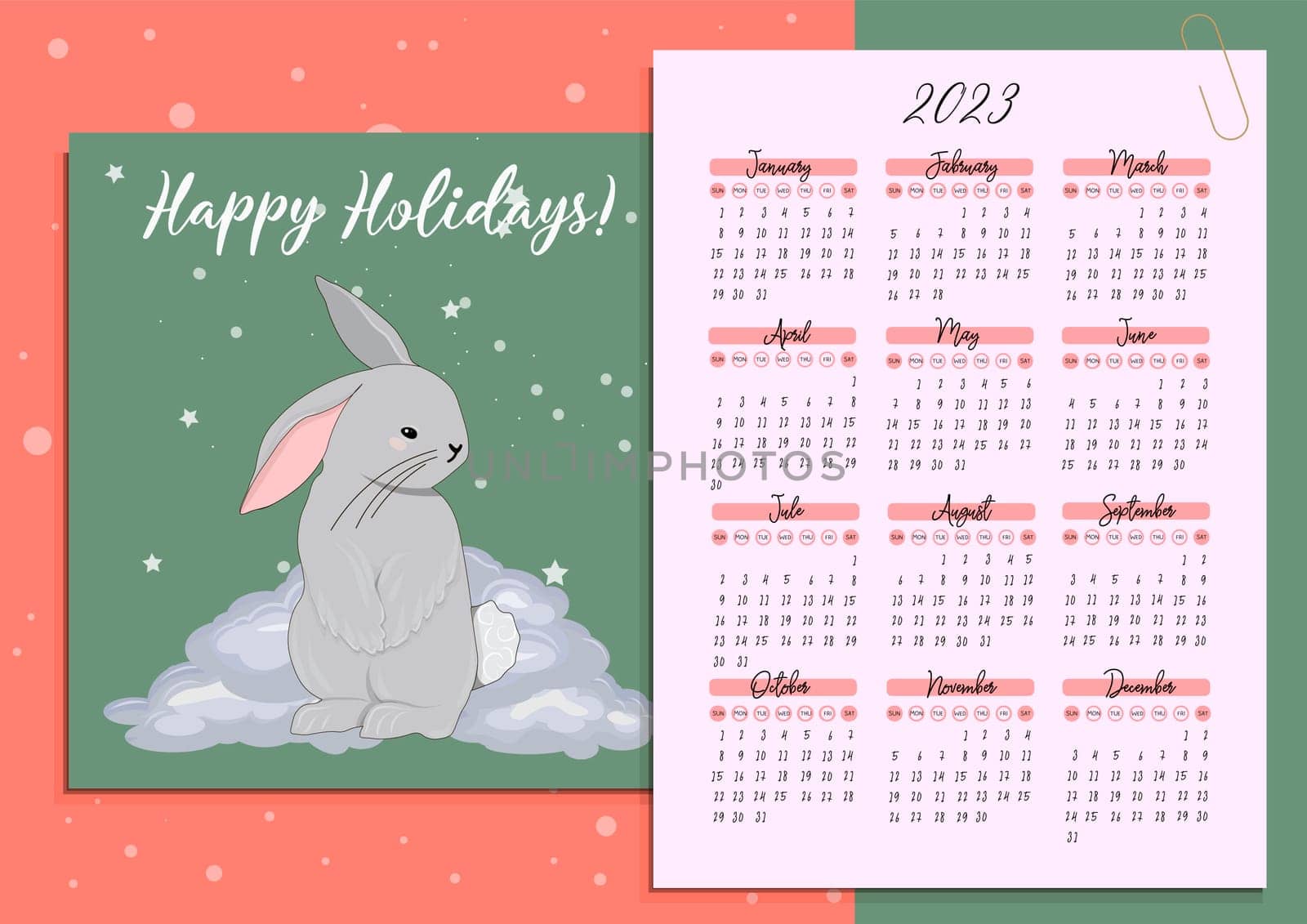 Calendar 2023 with cute rabbits. children's poster. Year of the cat and rabbit. Symbol of 2023. Vector illustration in trendy colors.