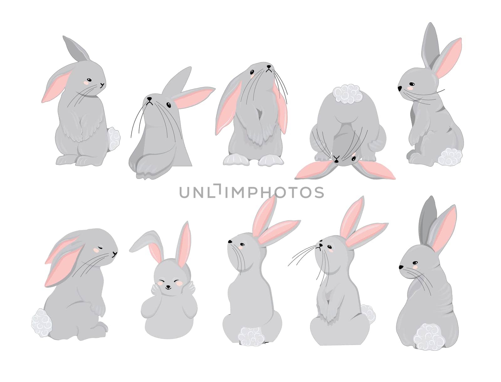 Rabbits character set. Symbol of 2023. Year of the rabbit. Cute hare isolated on white background.Vector illustration.