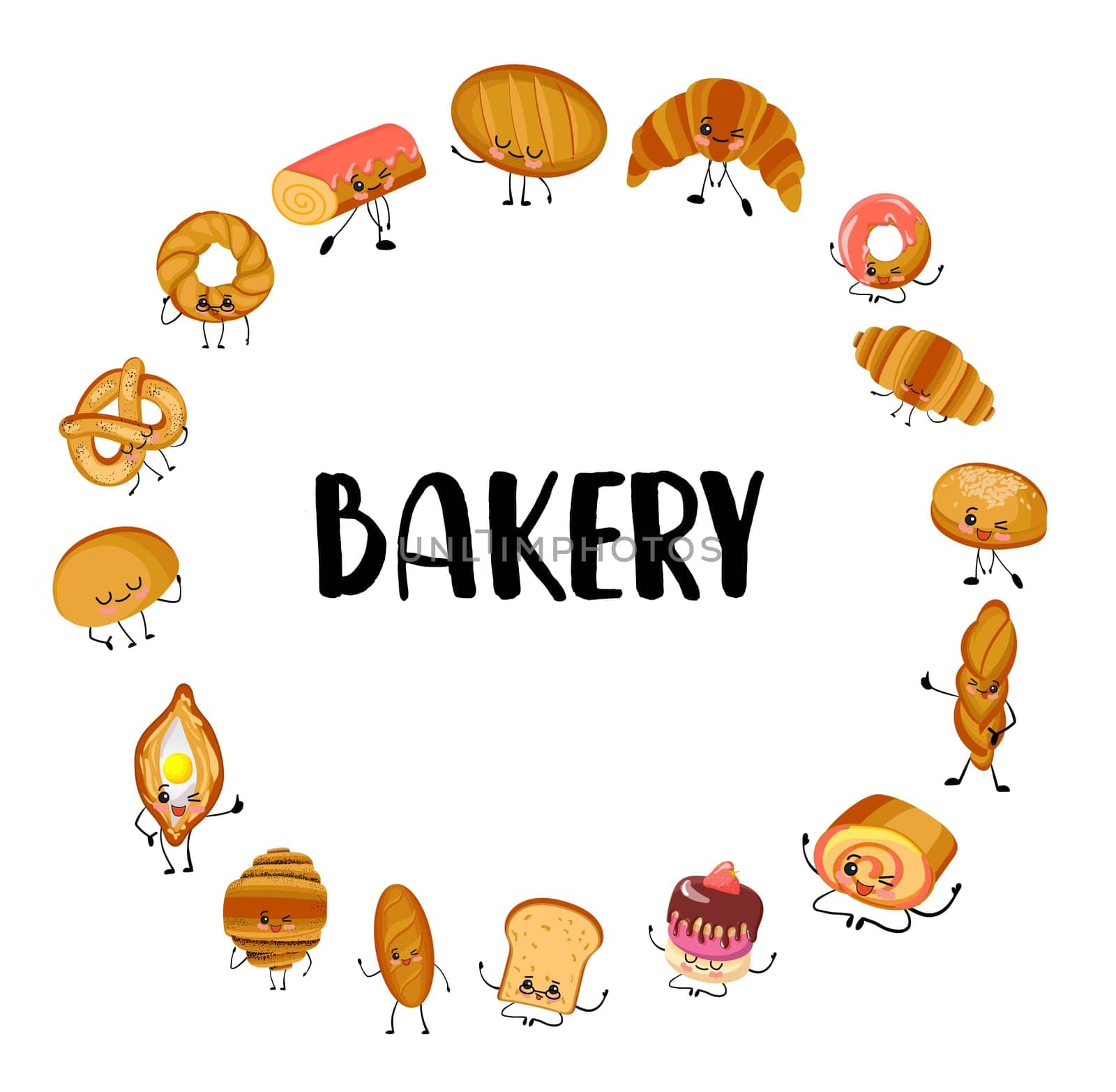 Set of funny bread, bakery characters with human faces, cartoon vector illustration isolated on a white background. Smiling white, rye and whole wheat bread, loaf, baguette, croissant, bun characters