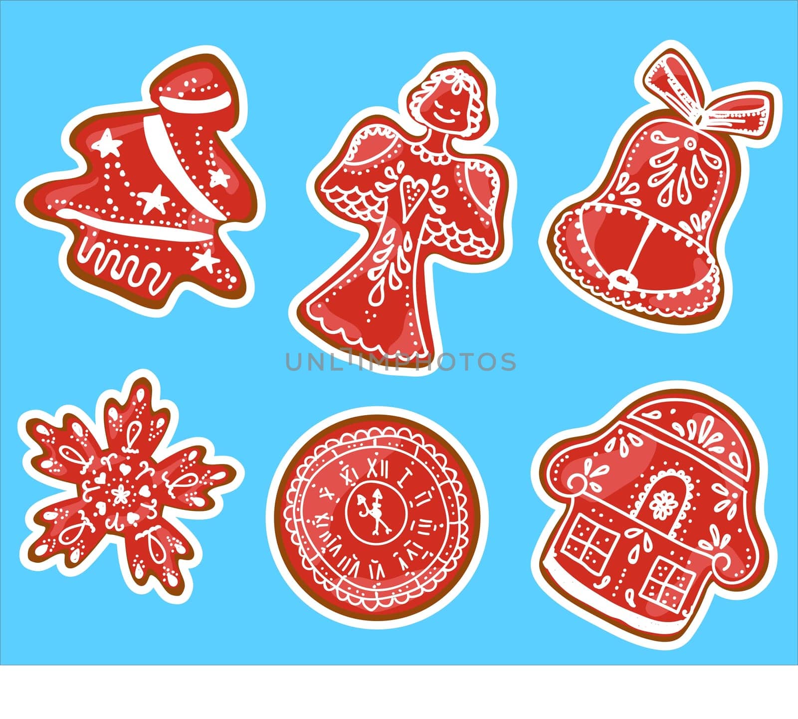 Set of New Year stickers. Christmas gingerbread cookies with icing. Biscuit cookies.