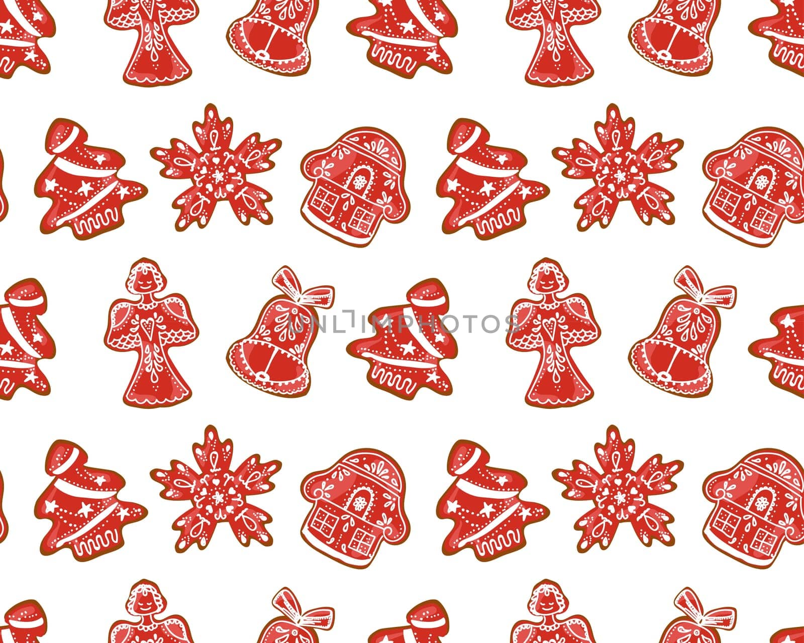 Seamless christmas pattern. Cute characters New Year. Christmas decorations. Christmas gingerbread cookies. Angel, Christmas tree and bell.