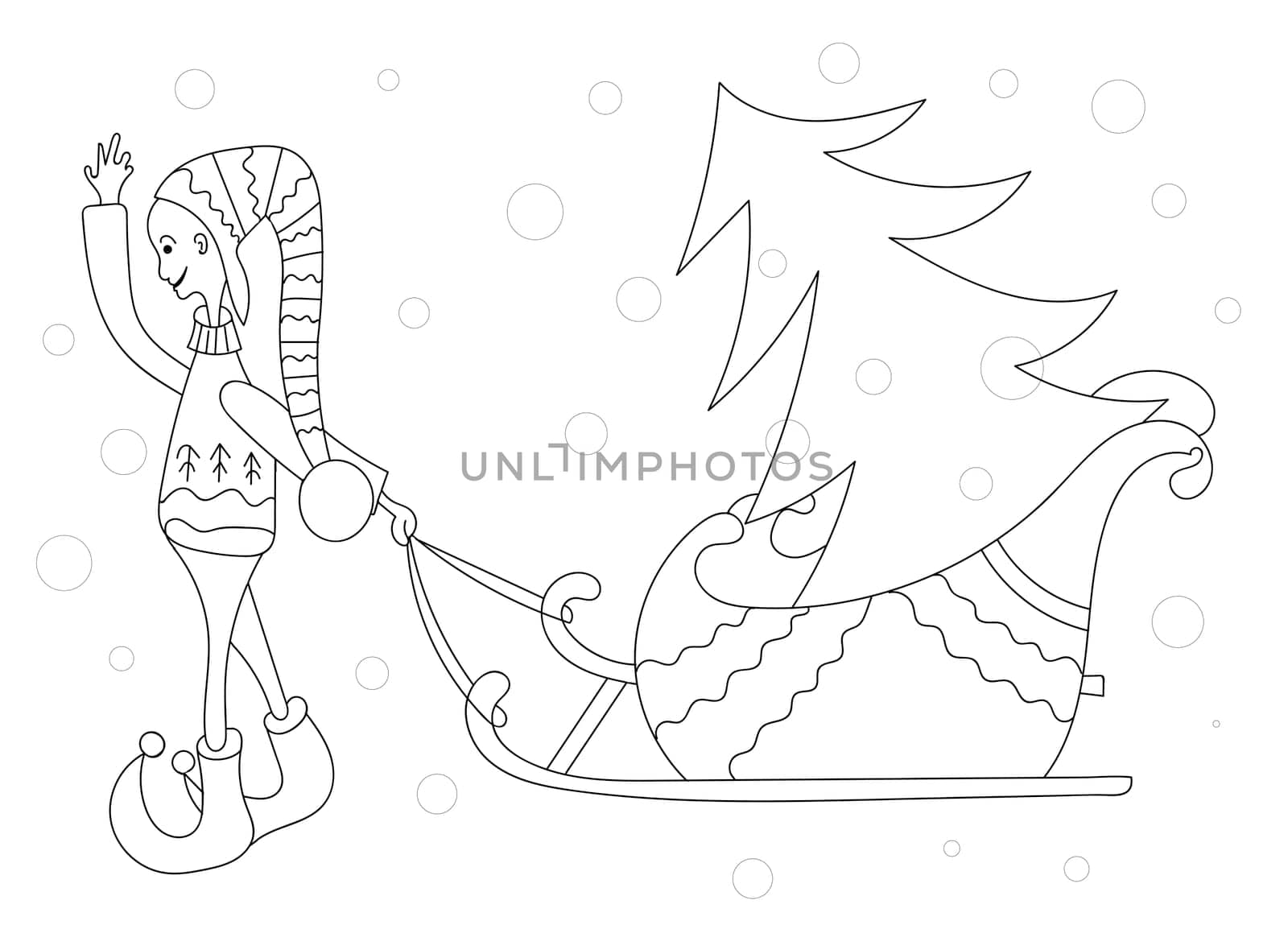 Coloring book for children. New Year theme. Leprechaun Christmas tree. Linear black and white drawing.