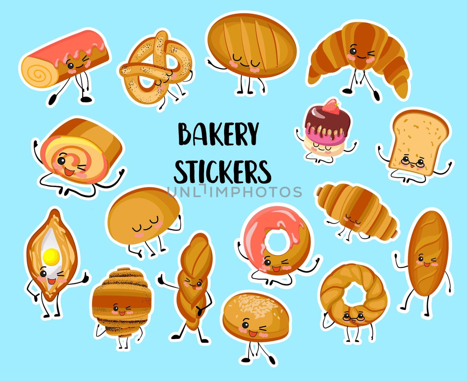Set of funny bread, bakery characters with human faces stickers, smiling white, rye and whole grain bread, loaf, baguette, croissant, buns