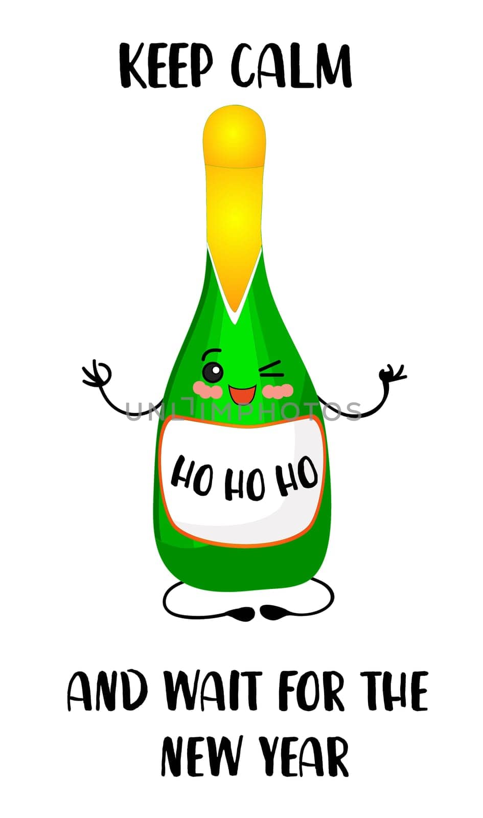 cute kawaii characters. Champagne. New year's night. Calm down and wait for the new year. Greeting card