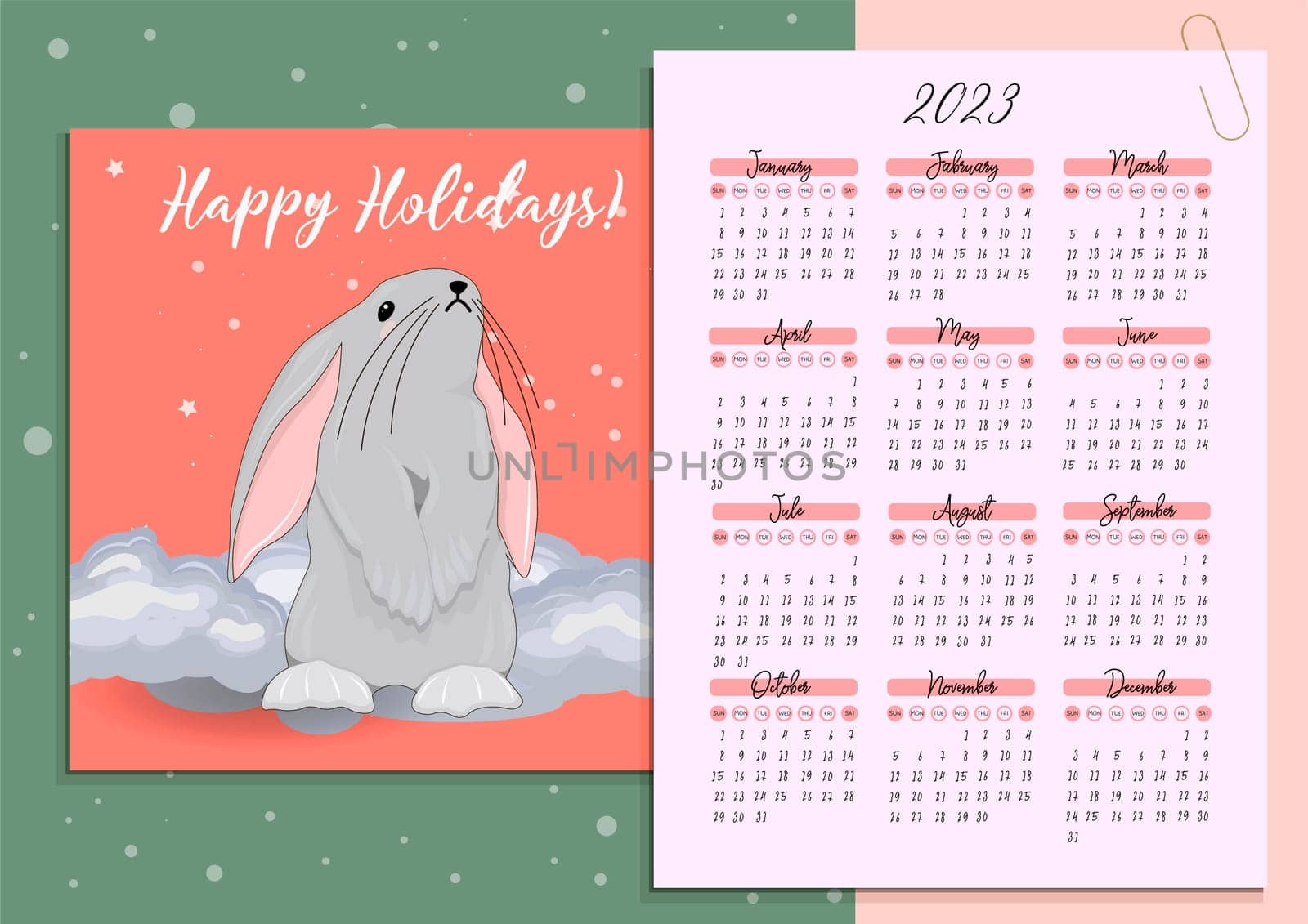 Calendar 2023 with cute rabbits. children's poster. Year of the cat and rabbit. Symbol of 2023. Vector illustration in trendy colors.