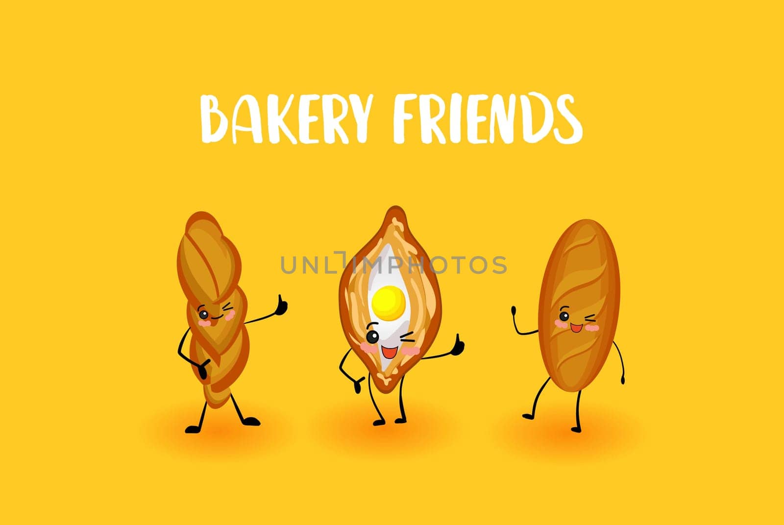 Bakery characters. Food made from flour. Bread and loaf.