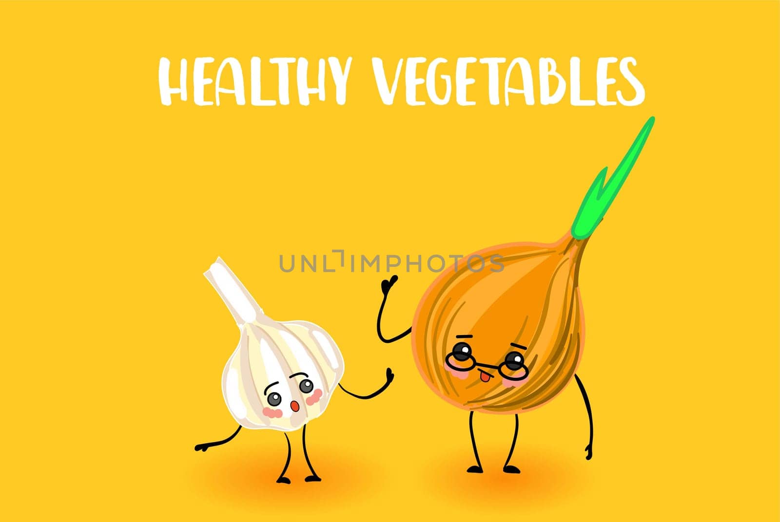 Useful vegetables. Vegetarianism. ONION AND GARLIC. Character with arms and legs.