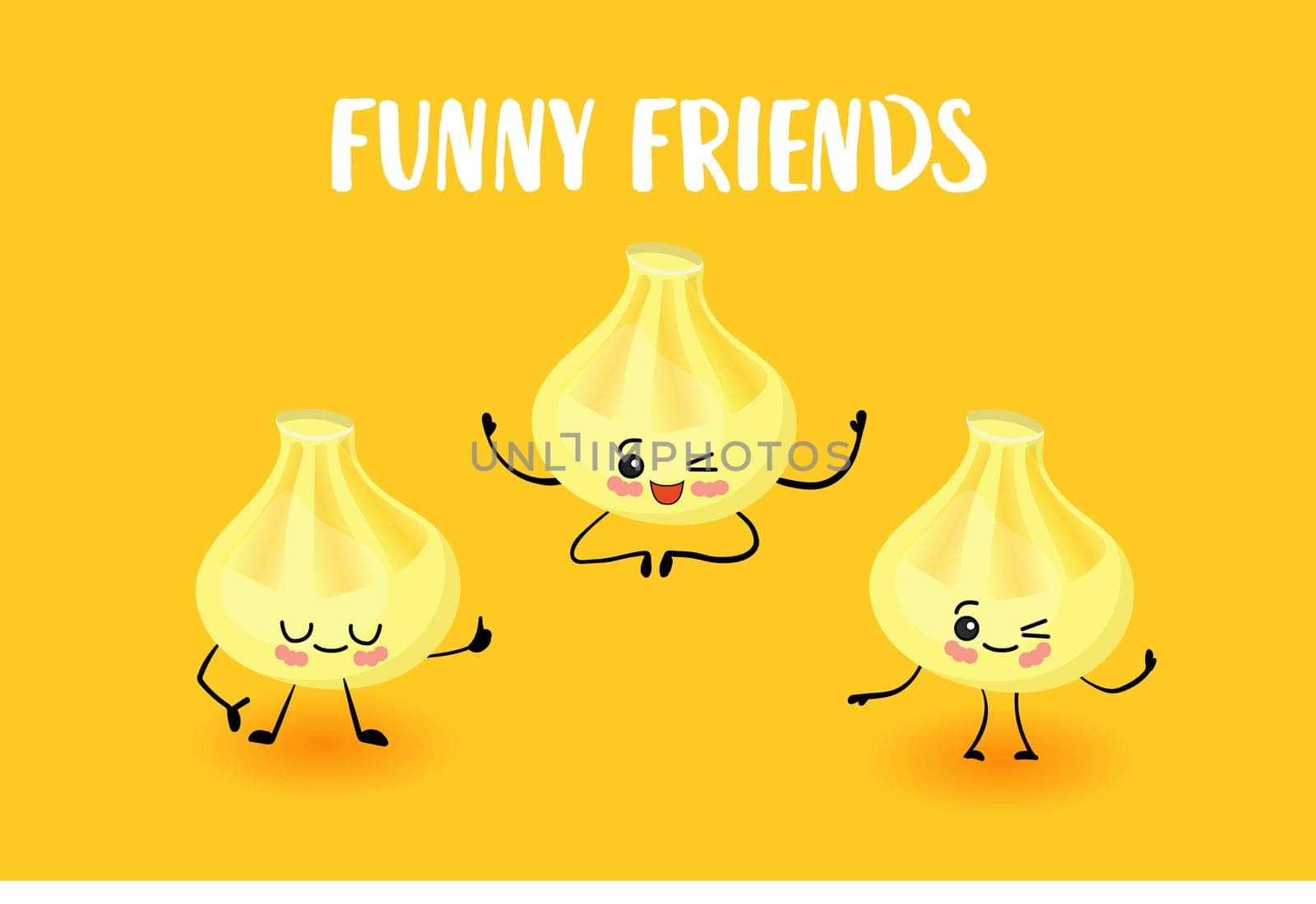 Greeting card with Georgian food. Khinkali. yellow background. Cartoon Cute Food Characters