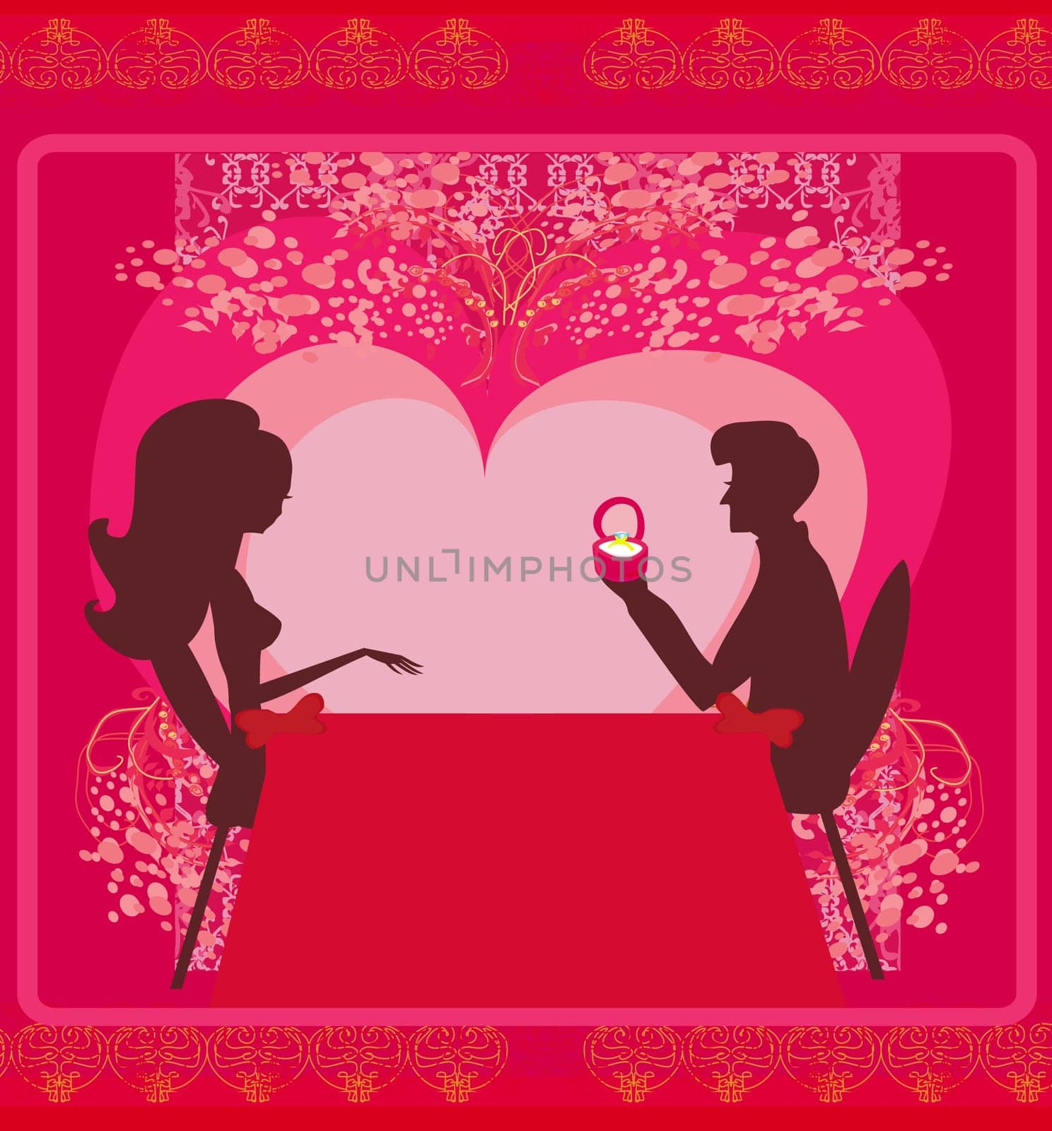 man proposing with an engagement ring to his love in a restaurant - vector