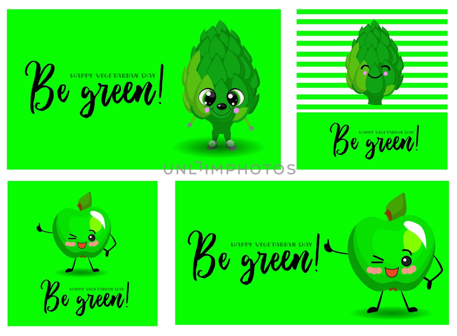 A large set of cards for the day of the vegg and vegetarianism. Vegetarian set. Green background. Cartoon Cute Vegetables Characters