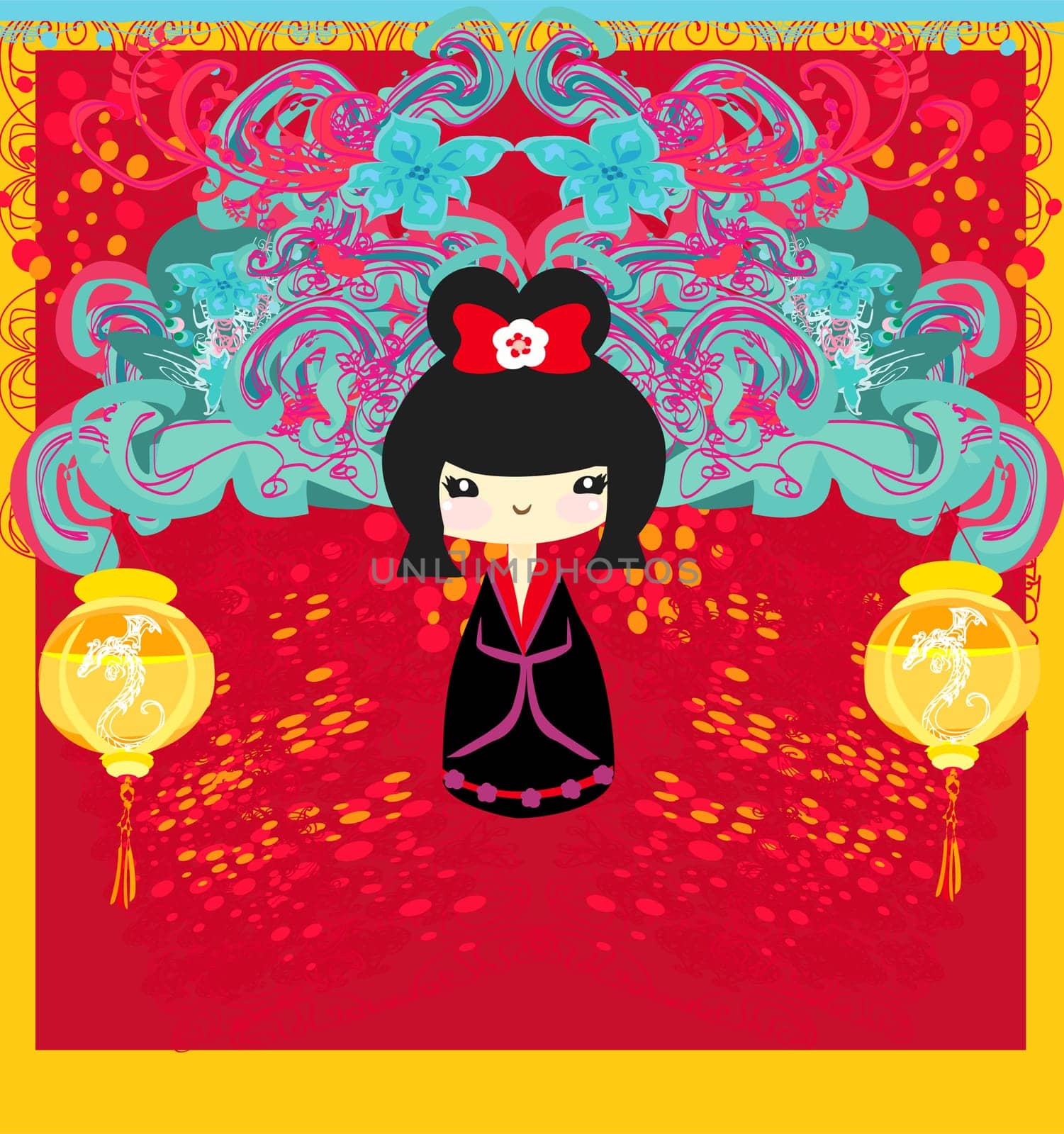 Kokeshi doll on  background with floral ornament